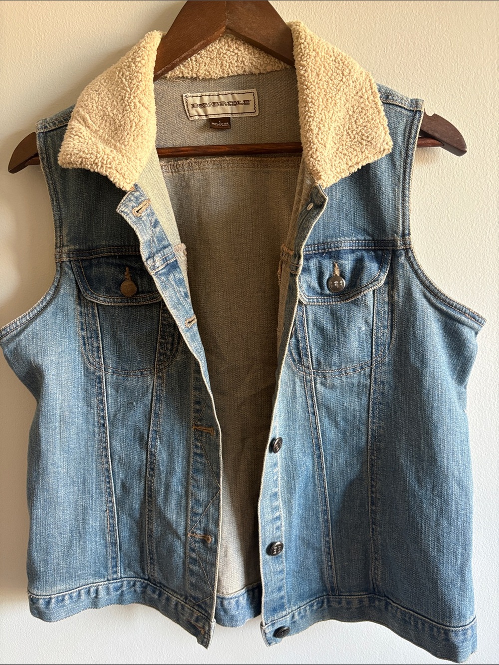 Denim Sherpa Collar Sleeveless Vest - Light Blue with Cream Collar